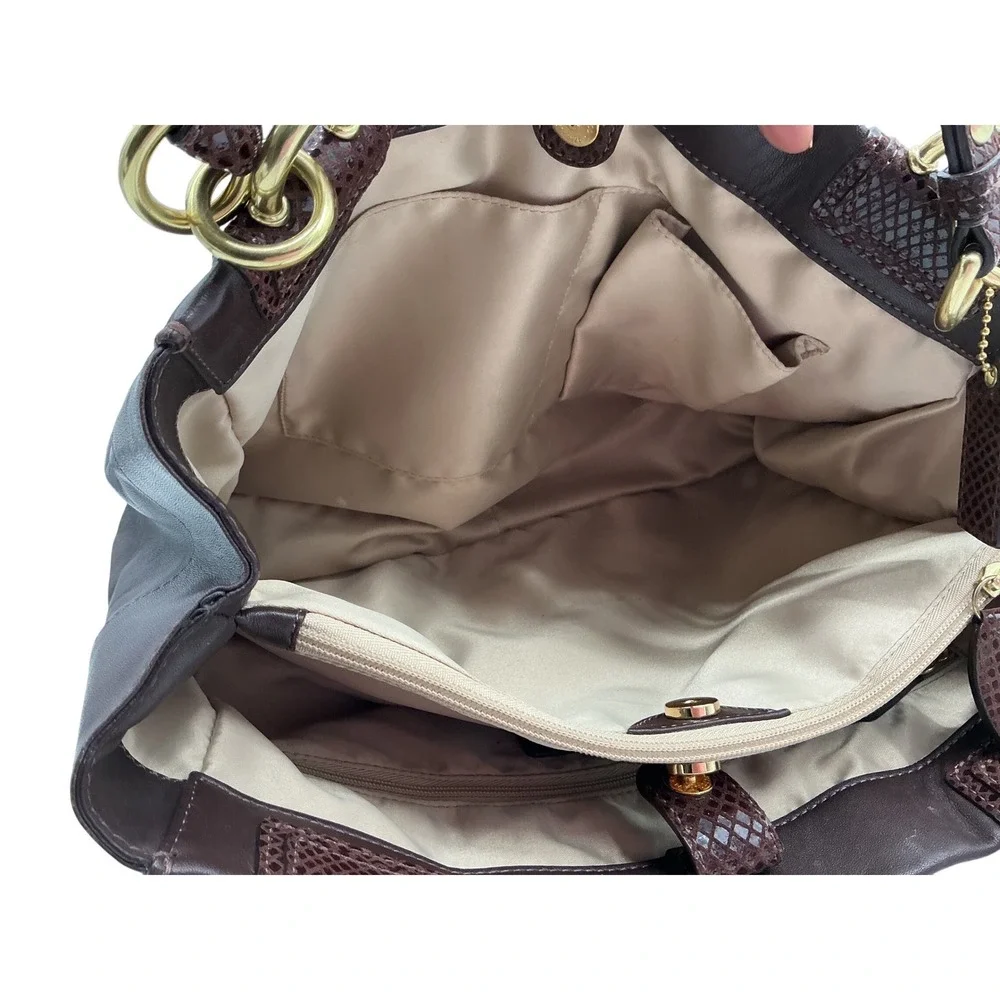 Coach Brown Leather Embossed Snakeskin Trim‎ Tote Shoulder Bag Purse Handbag - Picture 12 of 13